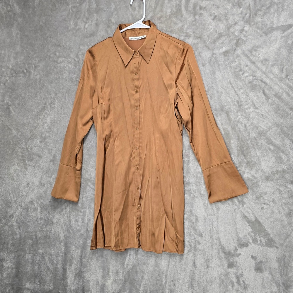 Abercrombie Fitch Gold Brown Mini Dress Satin Long Sleeves Button Front Medium - Picture 5 of 11
